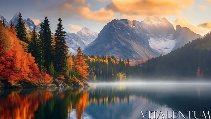 Photorealistic alpine lake panorama with autumnal forest reflection.