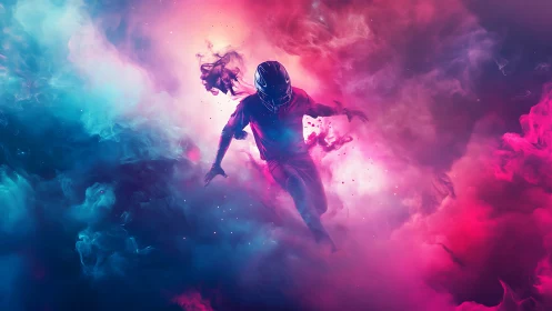 Neon storm runner diving through electric cosmic clouds.