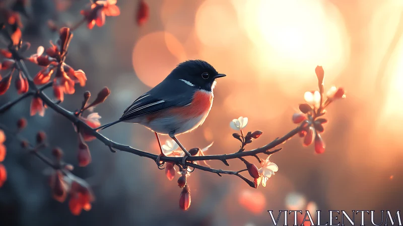 Songbird on Blossoming Branch at Sunset in Soft Focus Style.