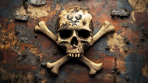 Weathered pirate skull emblem on rusted metal tempest wall.
