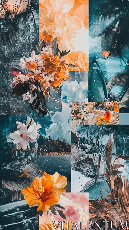 Layered Floral Collage with Teal and Orange Color Blocking Dominance