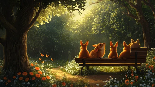 Golden backlit foxes on forest bench under dappled canopy
