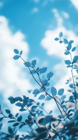 Cool-toned leaf silhouettes against soft sky bokeh backdrop.