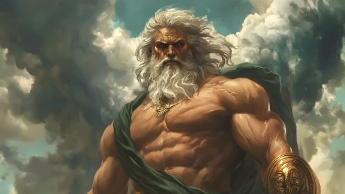 Storm-clad sky god towers above swirling divine clouds.