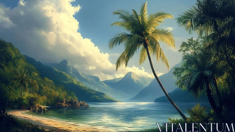 Tropical Paradise Beach with Palm Trees and Mountain Lake.