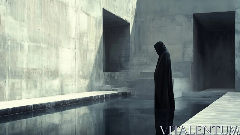 Silent hooded figure pauses by a dark reflective water pool