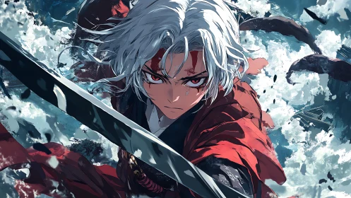 White haired anime swordsman charges forward with drawn blade