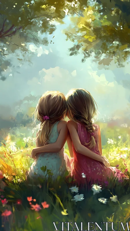 Children Embracing in Sunlit Wildflower Field with Pastoral Atmosphere