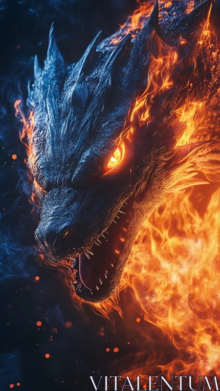 Flaming dragon head erupts from darkness with blazing fury
