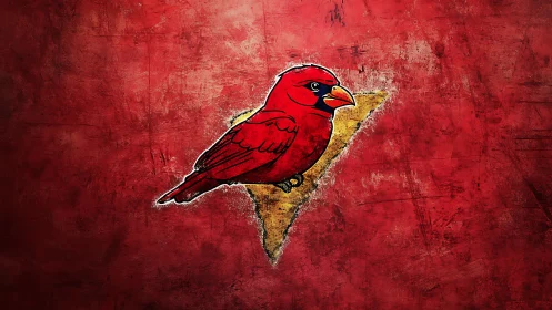 Crimson graffiti cardinal perched on a fractured gold shard.