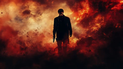Silhouetted armed man walks through dense fiery explosion