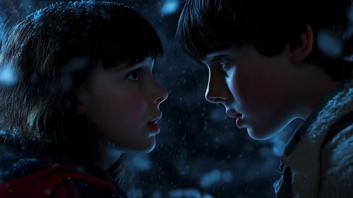 Two children face each other closely in falling nighttime snow.