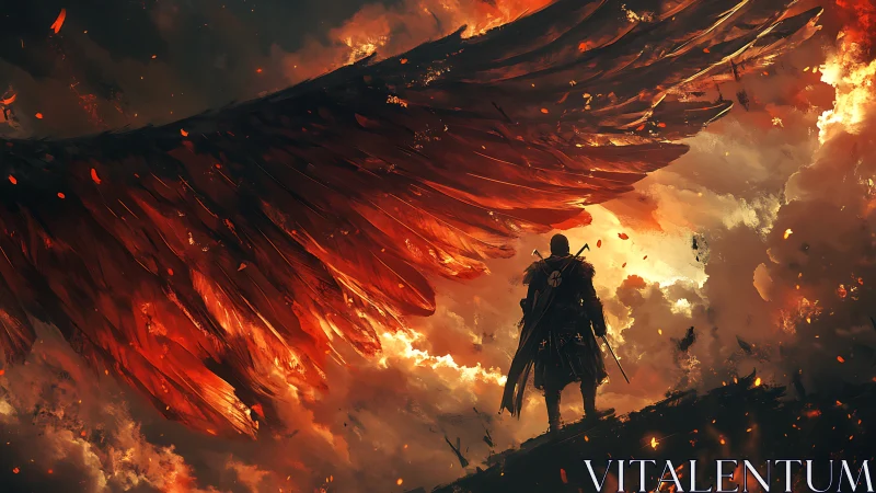 Winged warrior stands beneath burning angelic inferno.