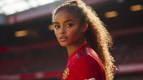 Confident young footballer glowing in golden stadium light.