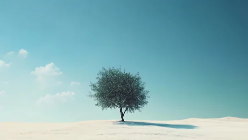 Solitary green tree in minimalist desert landscape under blue sky.