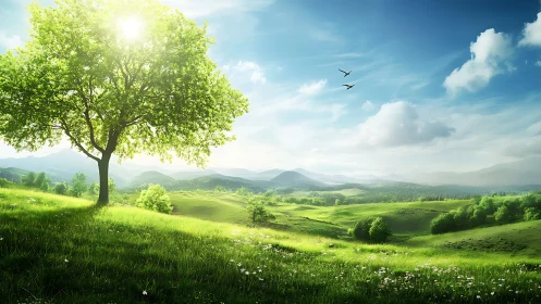 Sunlit tree overlooking rolling green hills and distant mountains.