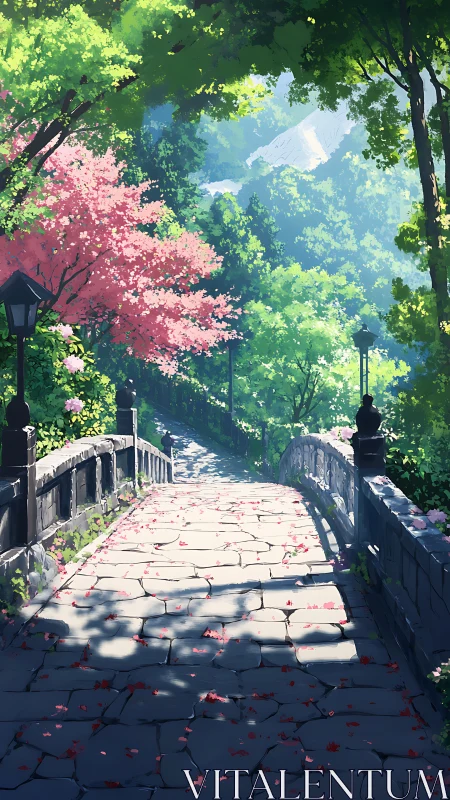 Sunlit stone bridge under spring blossoms and deep greens.