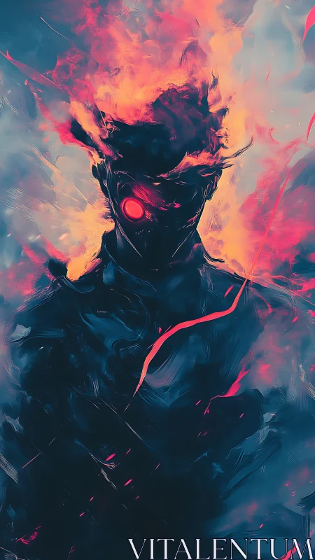 Flaming cyber specter with neon eye in blazing dusk haze