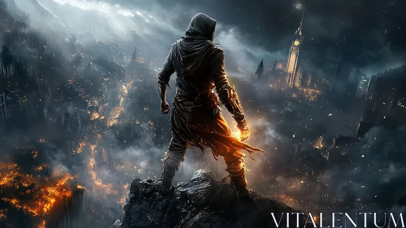 Hooded fire warrior overlooking burning post apocalyptic city.