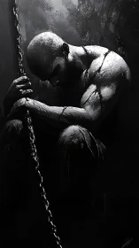 Solitary muscular figure seated in shadow, gripping vertical chain.
