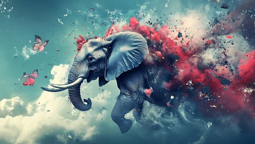 Elephant bursts through crimson smoke cloud with butterflies