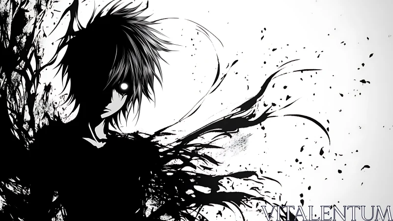 Inkborn shadow child erupts into splintered monochrome night