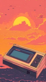 Retro handheld console rendered against neon sunset sky