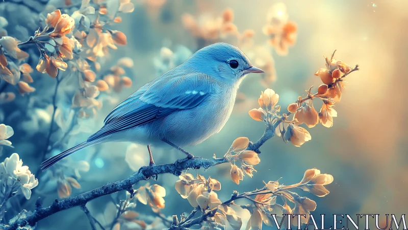 Blue Songbird on Blossoming Branch in Soft Pastel Art Style.