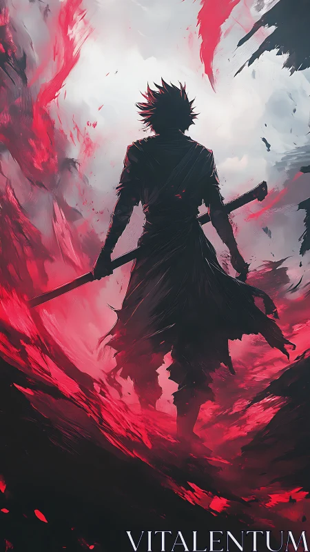Lone swordmaster walks through swirling crimson storm.