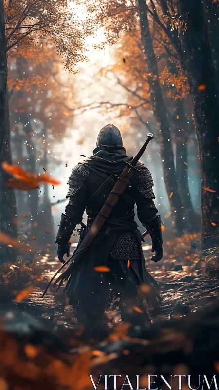 Armored wanderer in volumetric autumn forest illumination.
