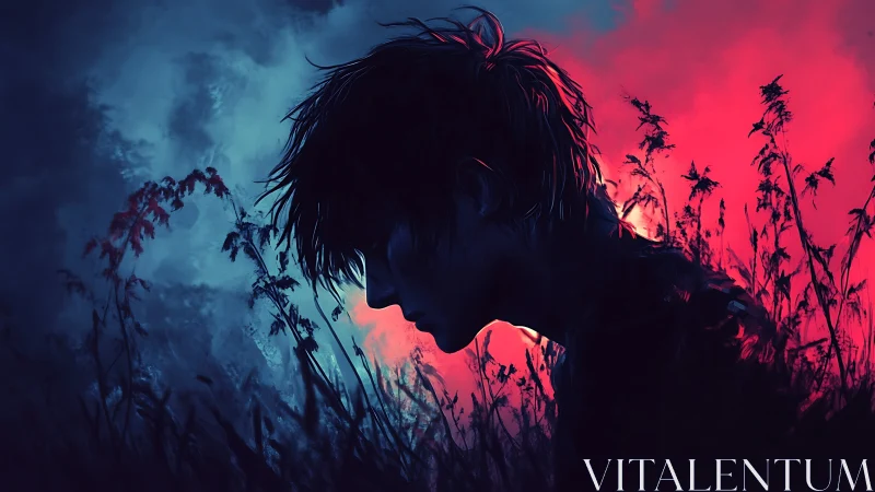 Silhouetted youth in dusk meadow rendered with dual neon lighting