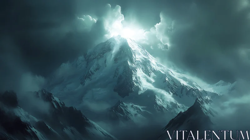 Snow covered mountain peak rises through dense storm clouds