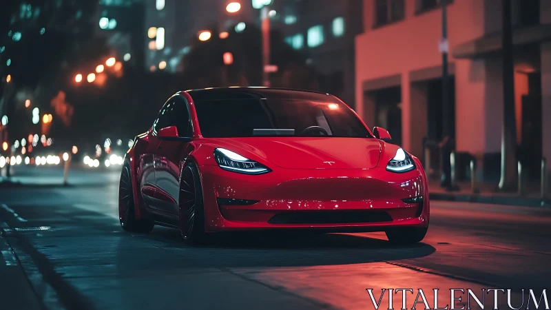 Red EV sedan under urban nocturnal bokeh illumination.