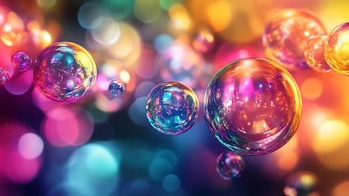 Colorful transparent bubbles float against blurred bokeh lights