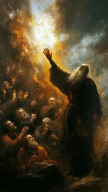 Radiant elder lifts his hand toward a blazing celestial light