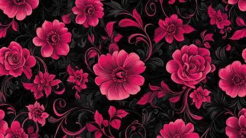 Pink Floral Pattern on Black Background.