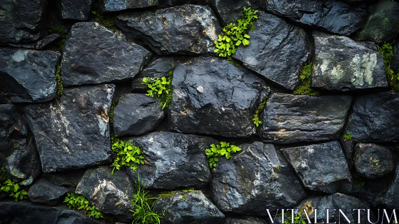 Wet dark stone wall shows green plants breaking through gaps