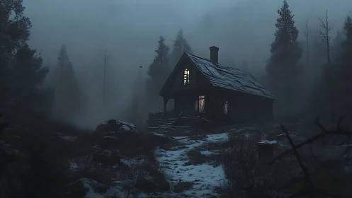 Lonely cabin glows faintly amid a frozen, fog-filled forest night