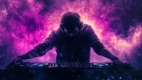 Nebula-backed DJ conjuring cosmic beats in violet haze.