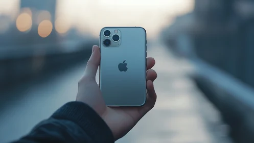 Smartphone held in hand against blurred urban background.