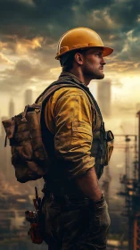 Construction worker stands in profile against industrial skyline