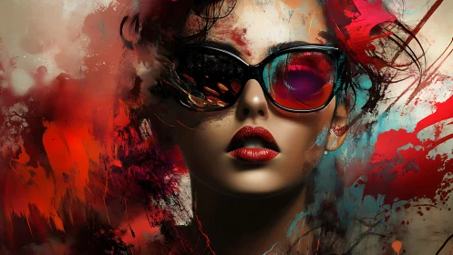 High-contrast digital portrait with abstract red splash fields.