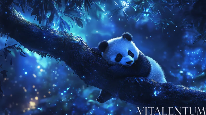 Bioluminescent forest illuminates resting panda on mossy branch