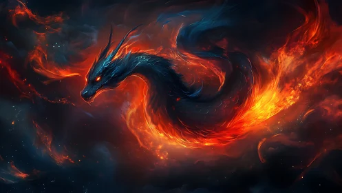 Fire-wreathed cosmic dragon coils through burning nebulae.