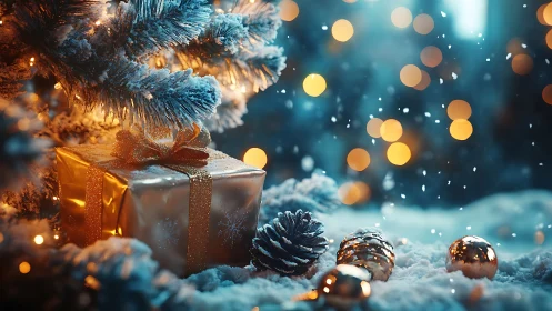 Snowlit gift box under frosted tree with golden bokeh glow.