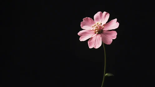 Pink Cosmos Bloom Against Black. Delicate Petals.