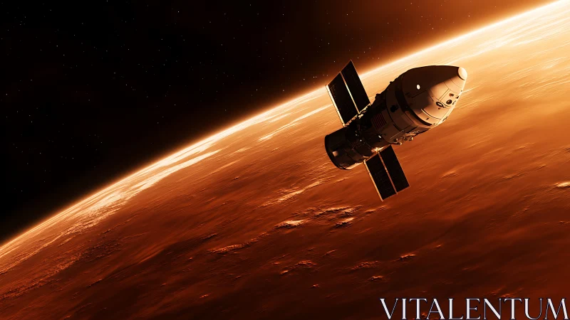 Crewed spacecraft orbits Mars above sunlit reddish horizon
