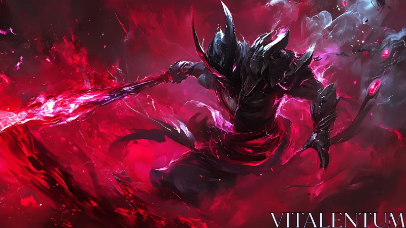 Shadow warrior surges through swirling crimson energy storm