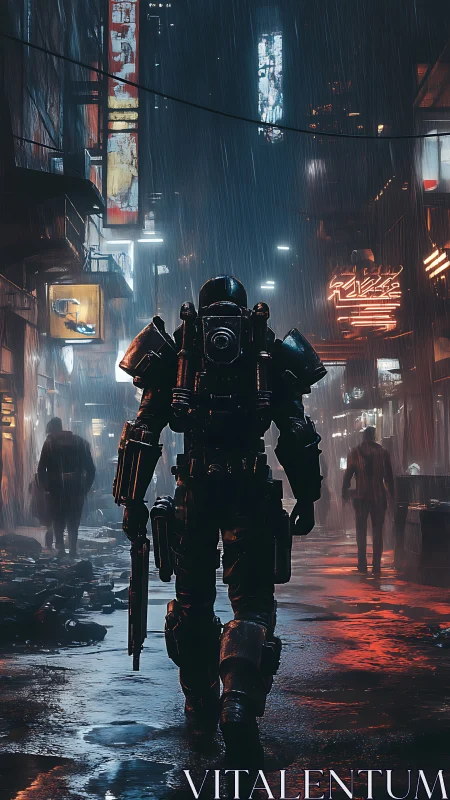 Armored soldier patrols neon alley in heavy urban rain