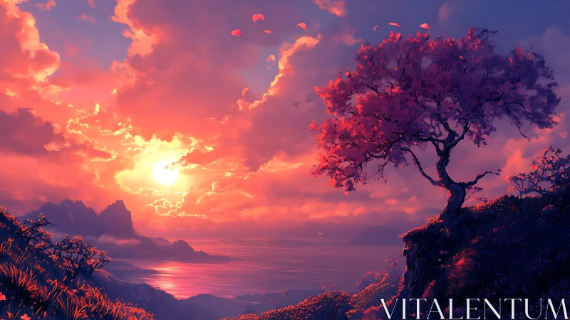 Lonely blossom tree glows above a radiant dreamlike sea